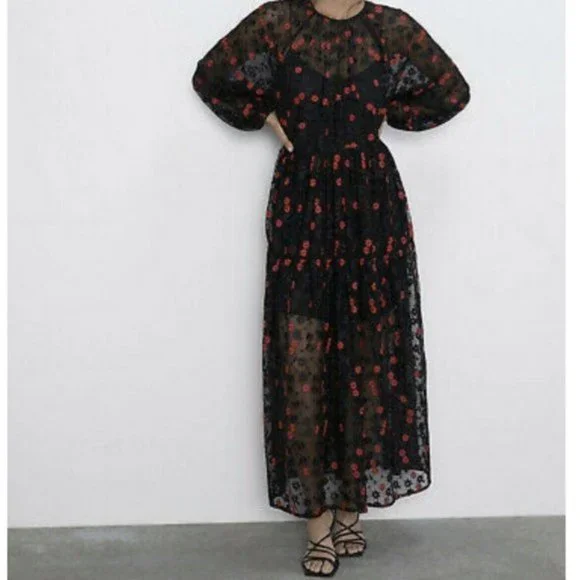 chinese dress ladies Zara Red Pink and Black Floral Print Maxi Dress